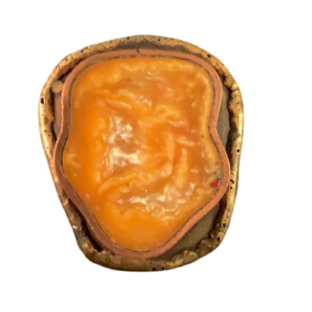 Vintage Unique Artisan Mixed Metal Amber Lucite Stone Brooch